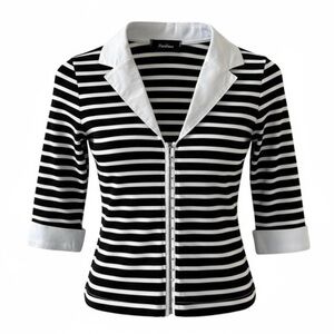 Paolina Black and White Stripe Collared 3/4 Sleeve French Cuff Top Size 2